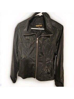 Static Women's Large Black Fitted Slick Windbreaker Coat Jacket
